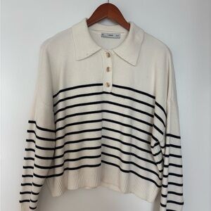 Mango Striped Collared Knit Sweater in Cream & Black